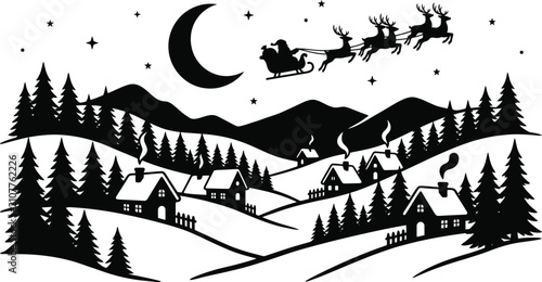 Cuadro en lienzo christmas village landscape with santa claus sleigh and reindeer silhouette vect