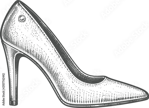 Vintage High Heel Pump Shoe Engraving Vector Illustration
