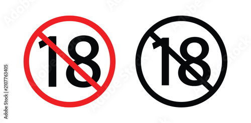 No under eighteen sign icon for age restriction. 18 plus prohibited symbol. Minors not allowed warning. Vector illustration and transparent png