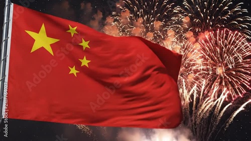 Chinese Flag Waving Against Bursting Fireworks at Night