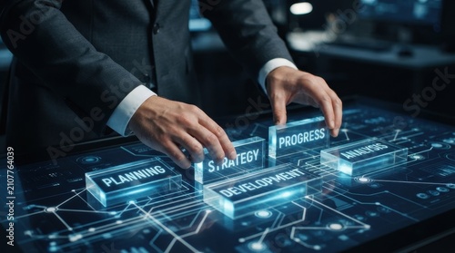 A businessman interacts with a digital holographic interface. Concept for strategic business management and technology.