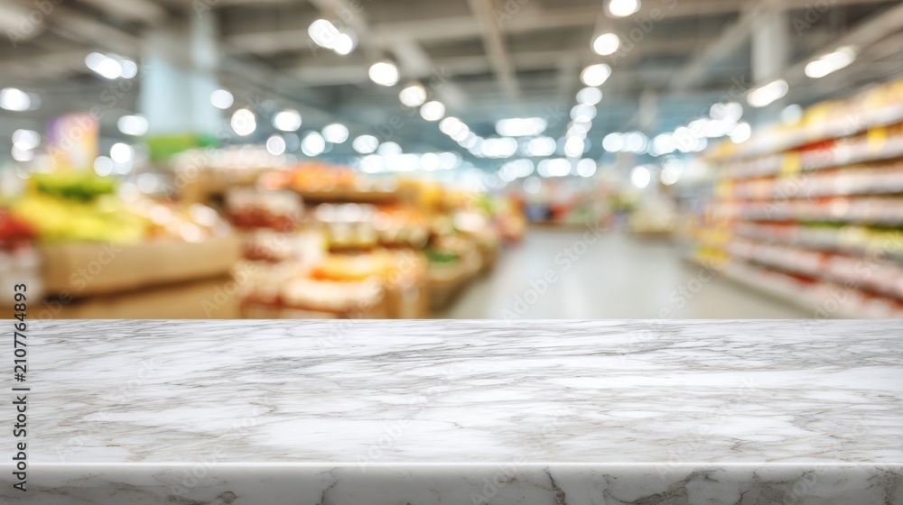 Fototapeta premium Smooth white marble table surface in sharp focus with blurred grocery store interior, bright bokeh lights in background, clean mockup template for product display