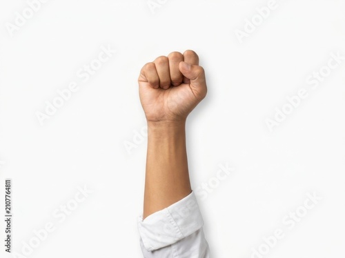Triumphant Raised Fist on White Background