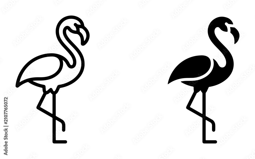 Obraz premium Flamingo Icon Set, Outline and Silhouette Vector Graphics, Tropical Bird Symbols for Wildlife and Nature Designs