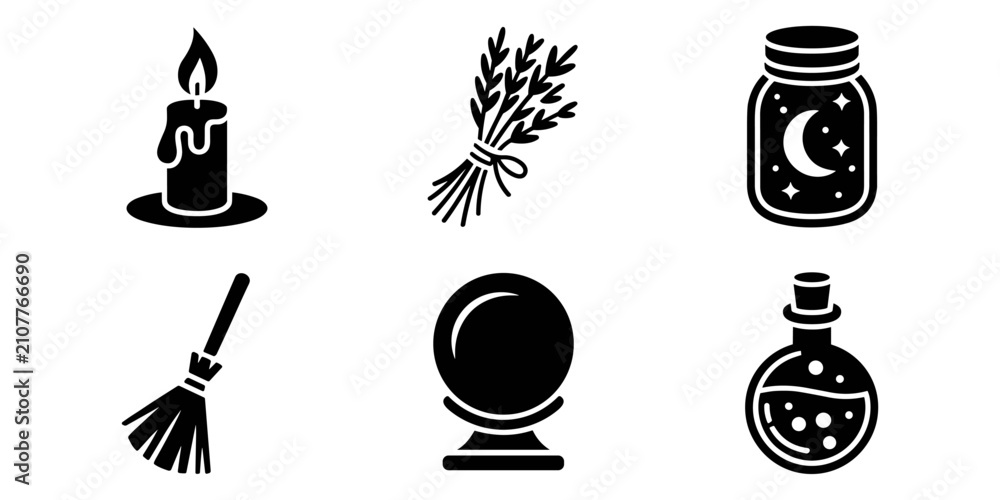 Naklejka premium Witch Magic Icons Clipart Set with Candle, Broom, Crystal Ball, Potion and Moon Jar