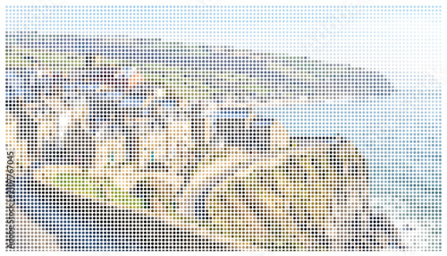 Bild auf Leinwand Abstract dot art painting depicting bustling european coastal town with sandy beach