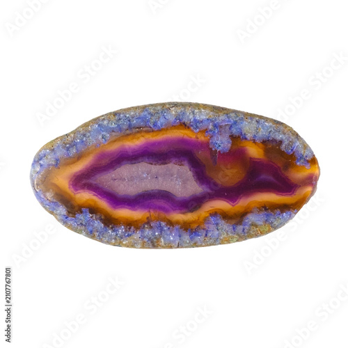 Polished geode specimen with purple and orange bands against a white background