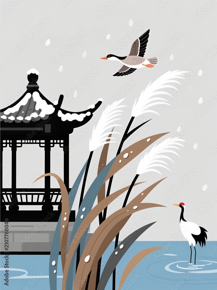 Fototapeta premium Modern flat vector illustration of Bailu White Dew solar term with reeds, water pavilion, and flying crane.