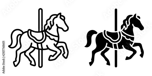 Carousel Horse Icons, Vintage Amusement Park Ride Vector Graphics, Classic Carnival Horse Silhouette, Retro Fairground Attraction, Black and White Design Elements