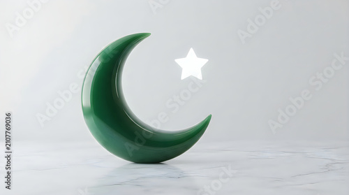 3d render of a glossy green crescent moon and a glowing white star isolated on white background