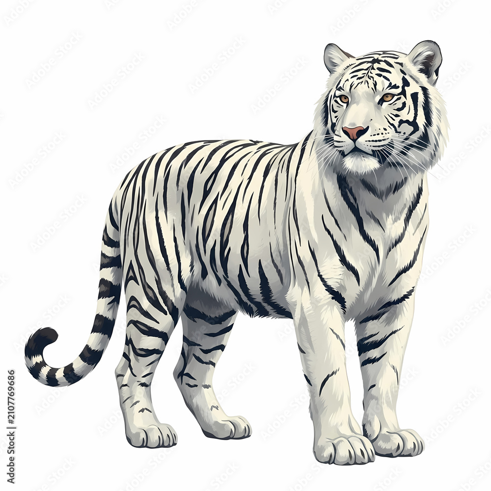 Fototapeta premium High-resolution digital illustration of a majestic white tiger standing proudly, isolated on a clean white background
