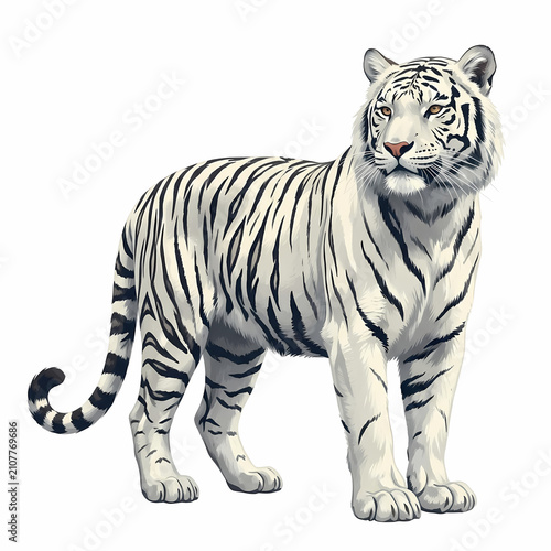 High-resolution digital illustration of a majestic white tiger standing proudly, isolated on a clean white background