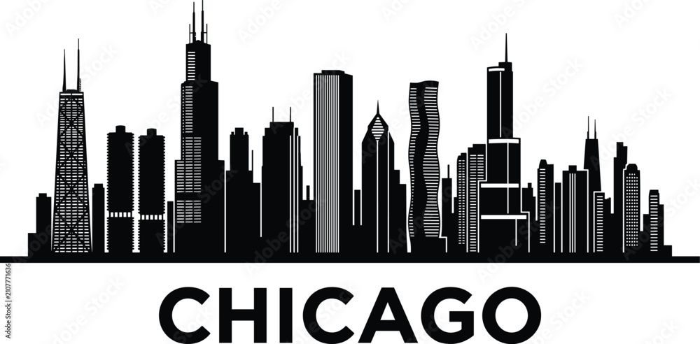 Obraz premium Chicago Skyline Silhouette Vector with Famous Landmarks and Modern Cityscape Illustration