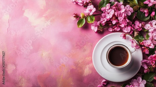 Pink blossoms surround a cup of tea on a pink background