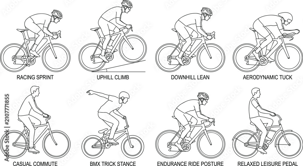 Obraz premium Cycling Riding Positions Line Art Vector Set with Road Bike and BMX Postures