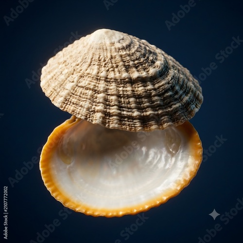 High quality macro studio photograph showcasing the textured dorsal and glossy pearlescent ventral views of a limpet seashell isolated against a solid dark navy background.
