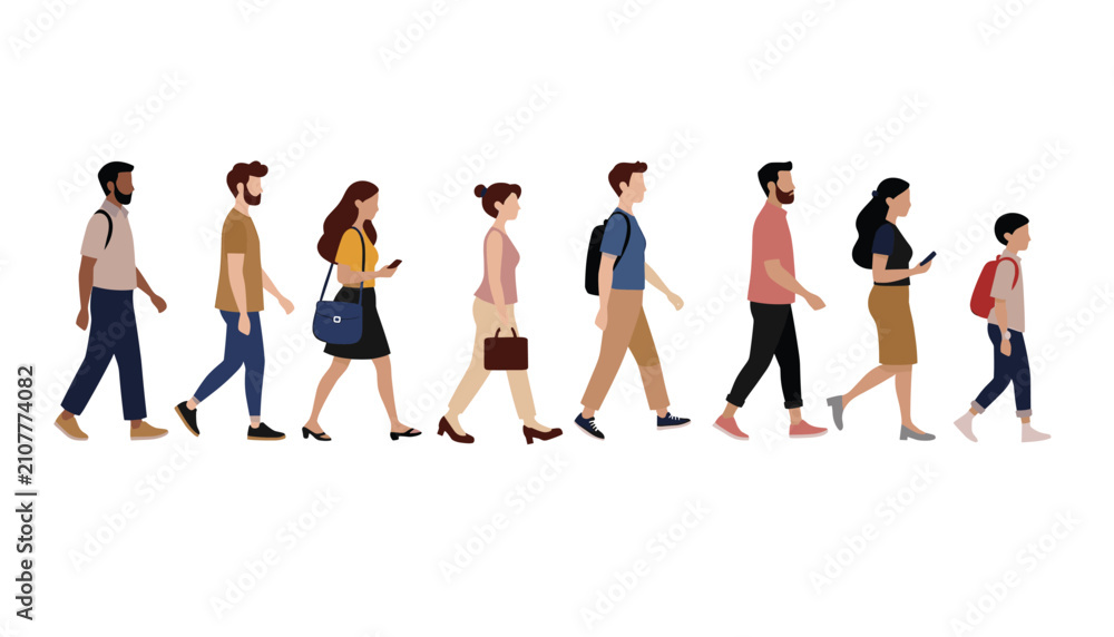 Fototapeta premium Diverse People Walking Side View Flat Vector Illustration