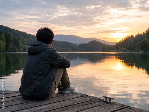 Man sitting on wooden pier overlooking lake at sunset