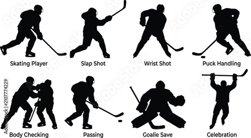 Canvas Print Ice Hockey Player Silhouette Collection Set with Skating Shooting Goalkeeping an