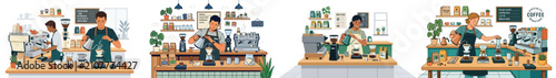 Fotografie Brewing specialty coffee, flat vector illustration, coffee equipment, modern caf