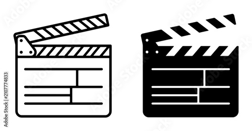 Film Clapperboard Icons, Cinema Slate Vector Graphics, Movie Production Symbols, Black and White Design Elements for Filmmaking and Video