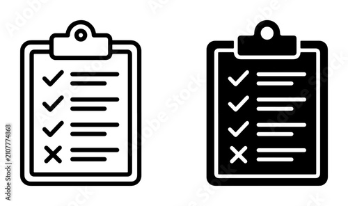 Checklist Clipboard Icons, To-Do List Vector Graphics, Task Management Symbols, Survey Forms, Approval Status, Simple Outline and Solid Black Designs