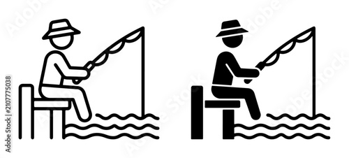 Фотография Fisherman Icon Set, Fishing on Dock, Silhouette and Outline Styles, Recreational