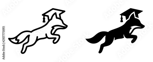Quadro su tela Clever Fox Graduation Cap Vector Icons, Smart Animal Silhouette, Academic Achiev