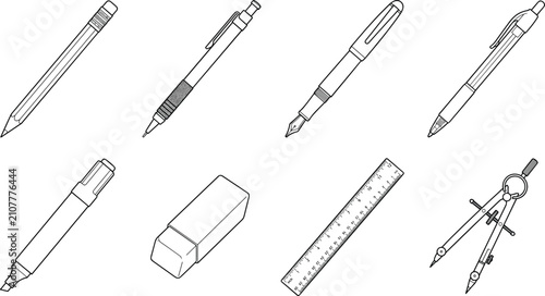 Photos Stationery Line Art Vector Set with Pencil Pen Marker Ruler Compass and Eraser