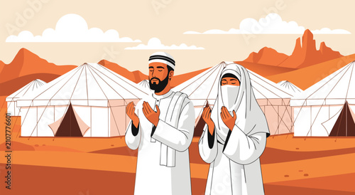 Cuadro en lienzo Illustration design of a Muslim couple praying in front of pilgrimage tents in t