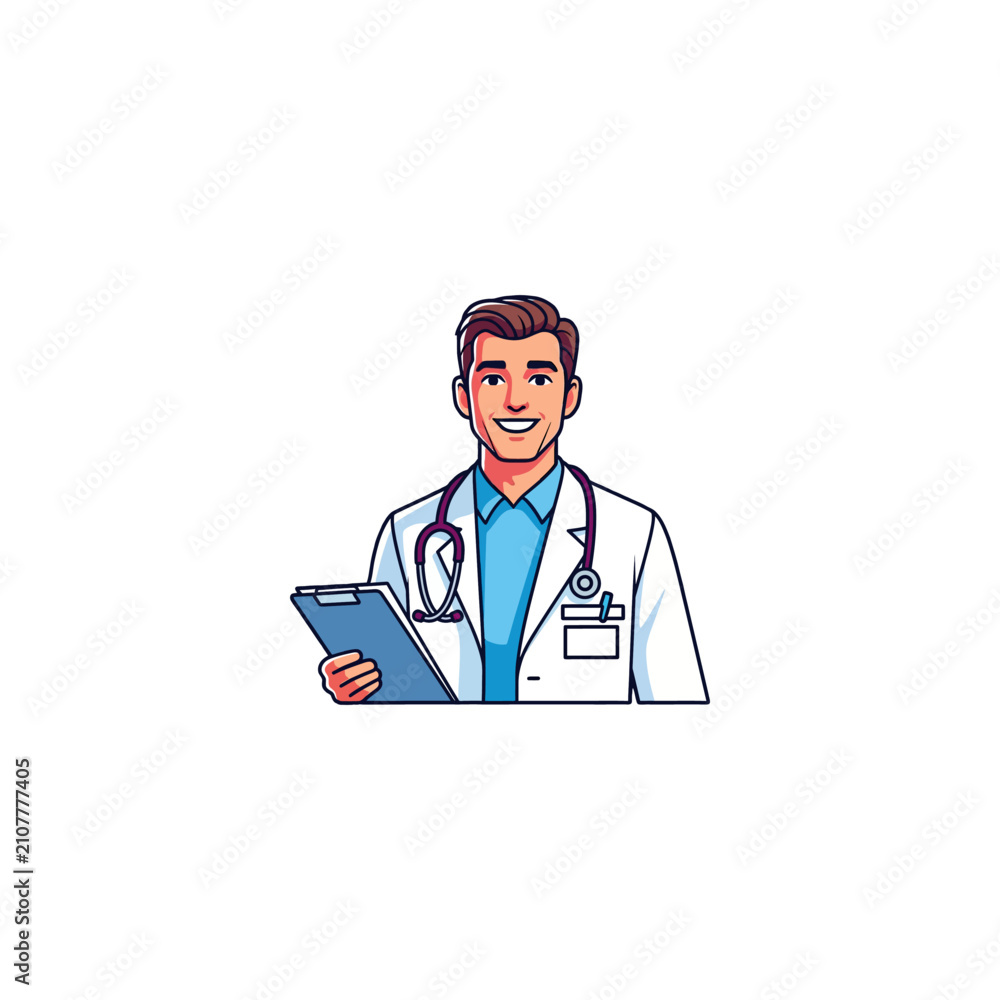 Fototapeta premium smiling male doctor in white coat holding blue clipboard with stethoscope illustration