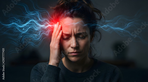 woman suffering from severe migraine with highlighted head pain neurological concept
