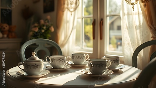 Sunlit tea room with lace curtains and neat porcelain cups, serene atmosphere.