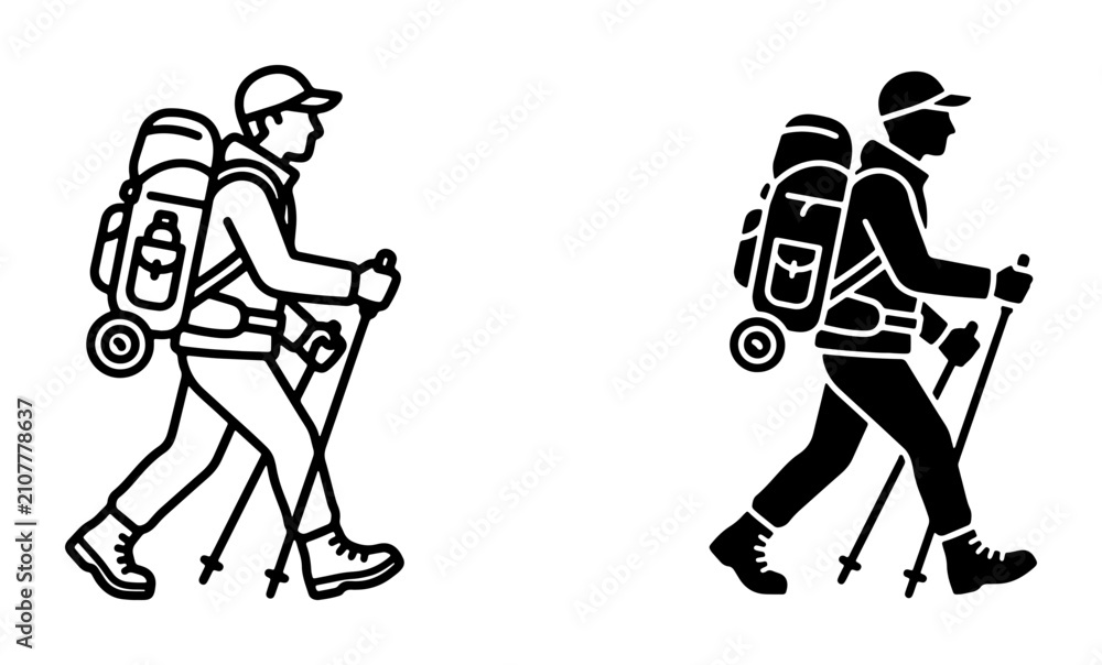 Fototapeta premium Silhouette of a Hiker with Backpack and Poles, Outline and Solid Vector Graphics for Outdoor Adventure and Travel