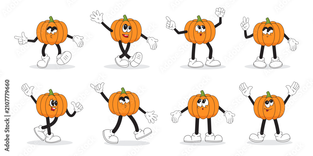 Naklejka premium Pumpkin Mascot Character Set with Cute Cartoon Poses Collection