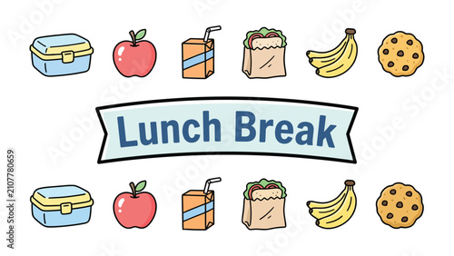 Obraz na plátně Lunch Break Doodle: A charming illustration depicts a variety of lunch items, including lunchboxes, apples, juice boxes, sandwiches, bananas, and cookies