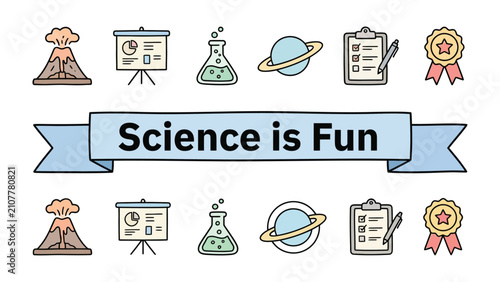 Fotografía Science is Fun Icons: A collection of whimsical, hand-drawn icons depicting elements of science and discovery, promoting the idea that science is an enjoyable and engaging pursuit