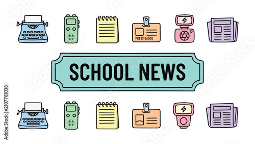 Принти на полотні School News Icons: A collection of stylized icons representing communication and journalism, including a typewriter, recorder, notepad, badge, camera, and newspaper