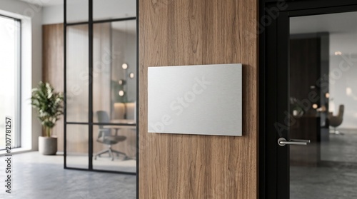 Blank door sign mockup on wood wall. Empty office nameplate for corporate branding design.