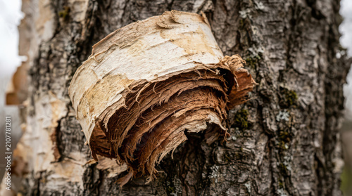 Peeling Birch Tree Bark Close Up Showing Textured Layers and Natural Wood Surface in Forest