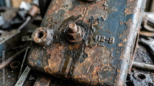 Close up view of a heavily rusted and weathered vintage heavy machinery metal engine component with oil stains and worn industrial paint