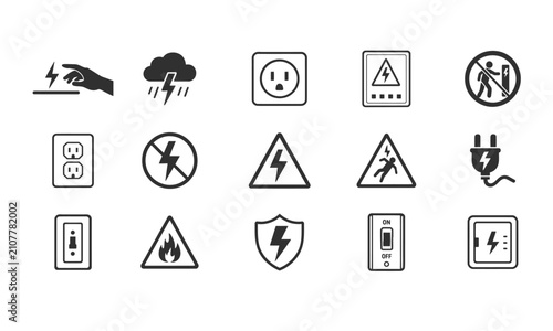 Set of sixteen safety warning icons depicting electrical hazards, lightning, power outages, and caution signs