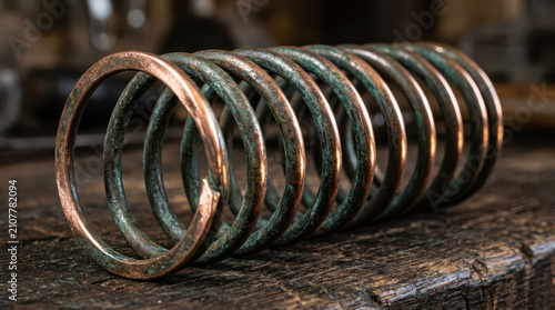 Weathered Copper Coil Spring with Green Patina on Rustic Wooden Workshop Workbench Surface Industrial Component