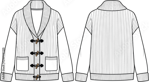 Photos Shawl collar toggle cardigan sweater flat sketch technical drawing vector templa