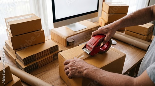 Small Business Owner Sealing Cardboard Box for Shipping in Home Office