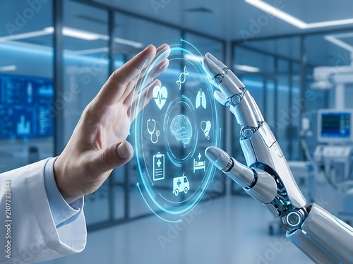 Human doctor and robotic hand interacting with digital healthcare interface in modern hospital setting