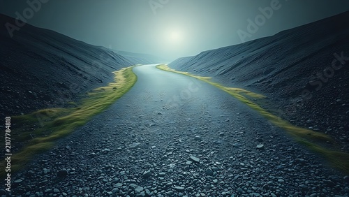 Winding gravel path leading to distant light through atmospheric haze.