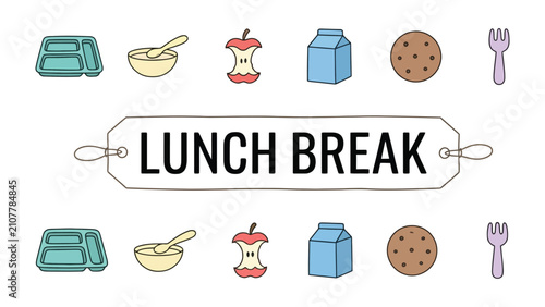 Konstfotografi Lunch Break Illustration: A playful graphic design featuring the text LUNCH BREAK centered, surrounded by colorful, minimalist icons of a meal tray, a bowl with a spoon, an apple core, a milk carton