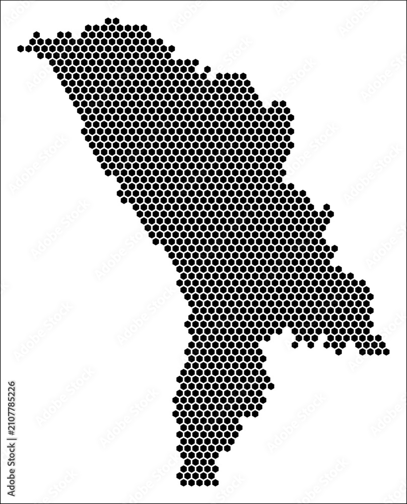 Obraz premium Moldova hexagon map. Plain black and white dotted shape template. Country tiny hexagon cells. Moldova flat honeycomb template. Vector Illustration.