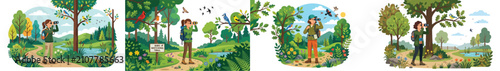 Bird watching, flat vector illustration, binoculars, nature theme, white background